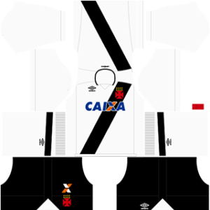 The home kit of CR Vasco da Gama has black color with white strips. There is a logo of Caixa because Caixa is currently manufacturing the kit of the CR Vasco da Gama Home Kit 512×512. Logo of Umbro is also in the kit because Umbro is there official sponsors.